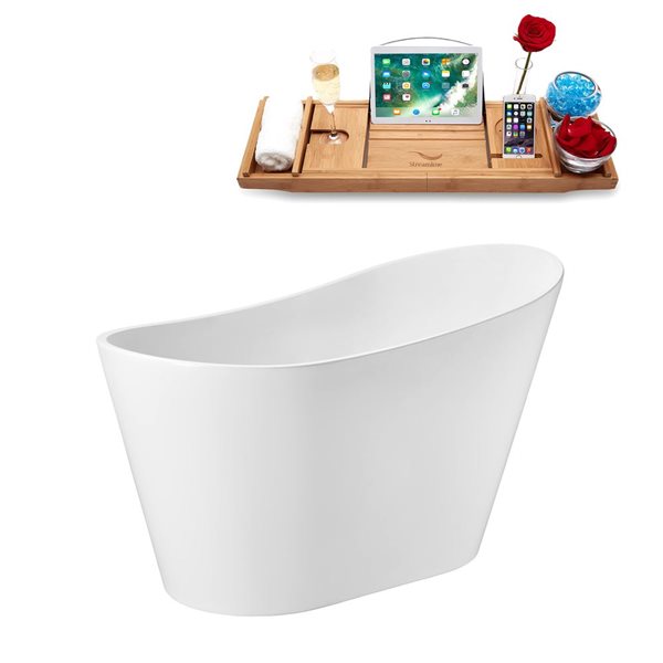 Streamline 51-in Glossy White Freestanding Reversible Bath and Tray w/ Glossy White Pop-Up Drain - 60-gal.
