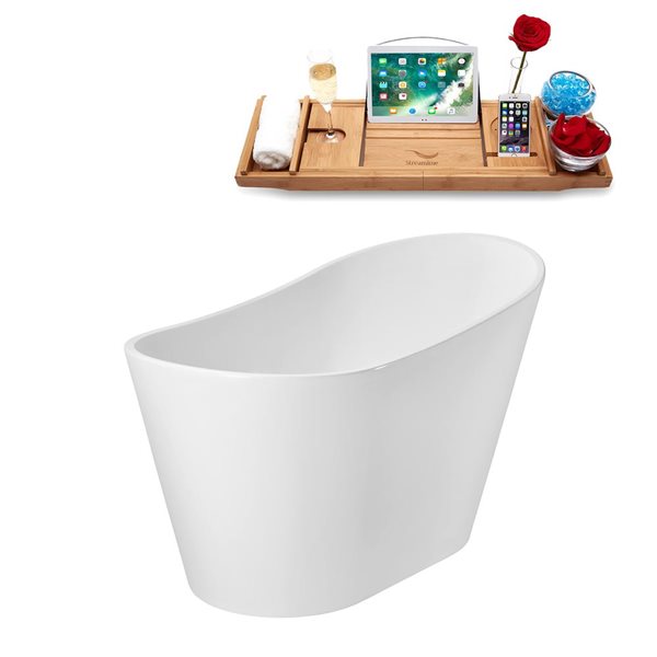 Streamline 51-in Glossy White Freestanding Reversible Bath and Tray w/ Polished Chrome Pop-Up Drain - 60-gal.