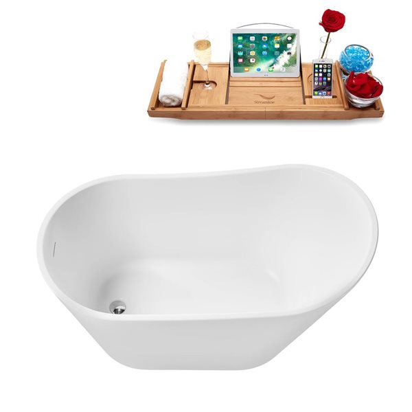 Streamline 51-in Glossy White Freestanding Reversible Bath and Tray w/ Polished Chrome Pop-Up Drain - 60-gal.