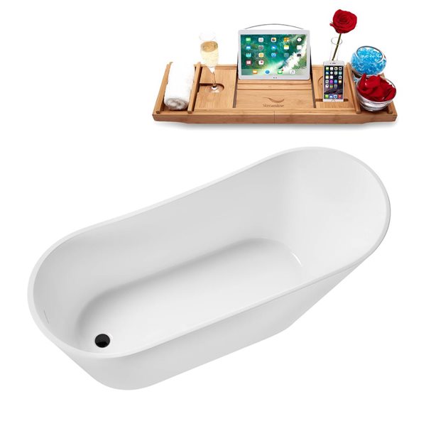 Streamline 67-in Glossy White Freestanding Reversible Bath and Tray w/ Matte Black Pop-Up Drain - 82-gal.