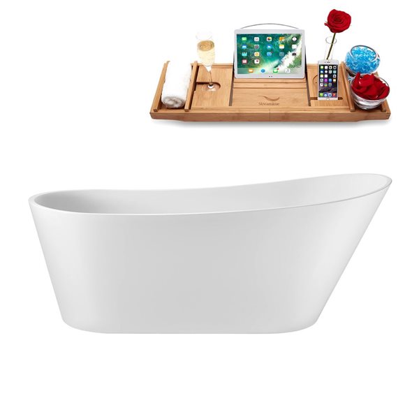 Streamline 67-in Glossy White Freestanding Reversible Bath and Tray w/ White Pop-Up Drain - 82-gal.
