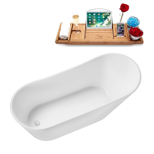 Streamline 67-in Glossy White Freestanding Reversible Bath and Tray w/ White Pop-Up Drain - 82-gal.