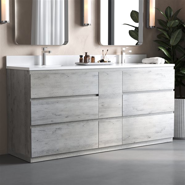 Urban Woodcraft Vamo 72 x 20-in Rustic Grey Wood Freestanding Double Vanity w/ Engineered Stone Countertop and Sinks