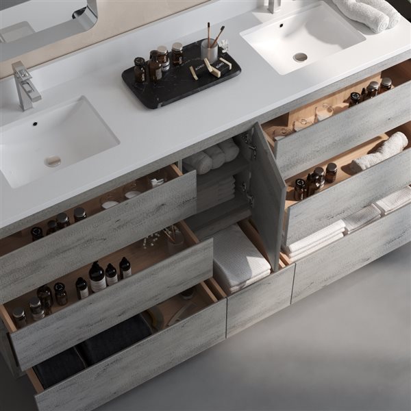 Urban Woodcraft Vamo 72 x 20-in Rustic Grey Wood Freestanding Double Vanity w/ Engineered Stone Countertop and Sinks