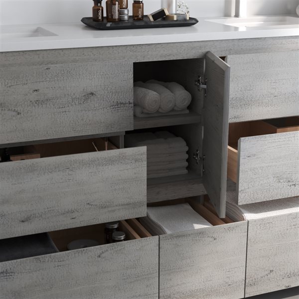 Urban Woodcraft Vamo 72 x 20-in Rustic Grey Wood Freestanding Double Vanity w/ Engineered Stone Countertop and Sinks