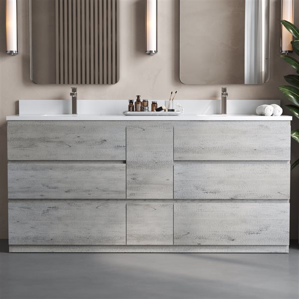 Urban Woodcraft Vamo 72 x 20-in Rustic Grey Wood Freestanding Double Vanity w/ Engineered Stone Countertop and Sinks