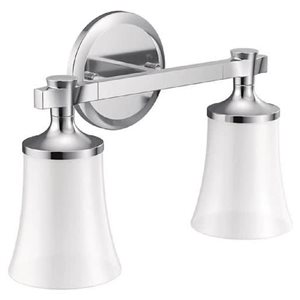 Applique murale à 2-lumières Flara de MOEN pour salle de bain avec globes en verre, finition chrome