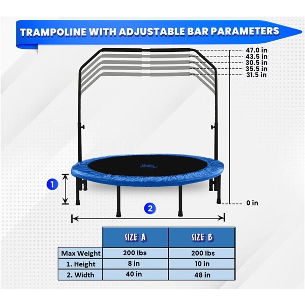 Upper Bounce 40-in Mini Foldable Trampoline for Kids and Adults w/ Adjustable Bar + Safety Padding