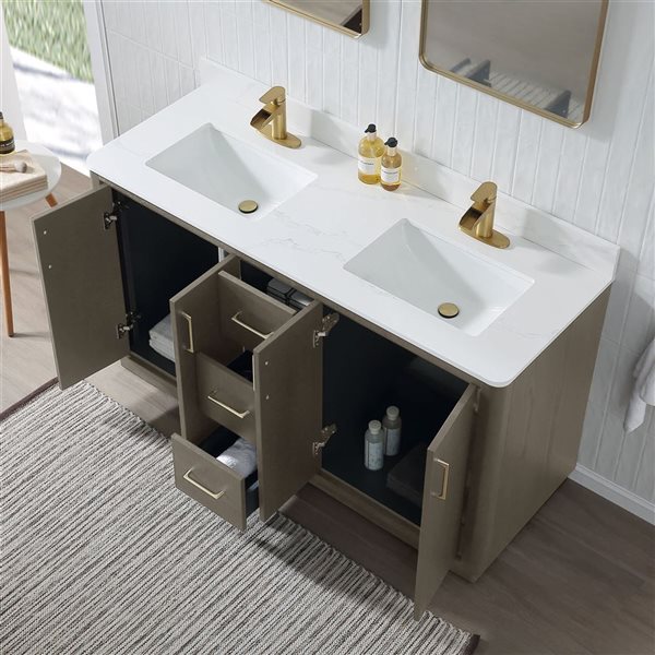 RAINLEX 60-in Freestanding Double White Rectangle Sink Bathroom Vanity with Quartz Top -Grey