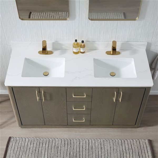 RAINLEX 60-in Freestanding Double White Rectangle Sink Bathroom Vanity with Quartz Top -Grey