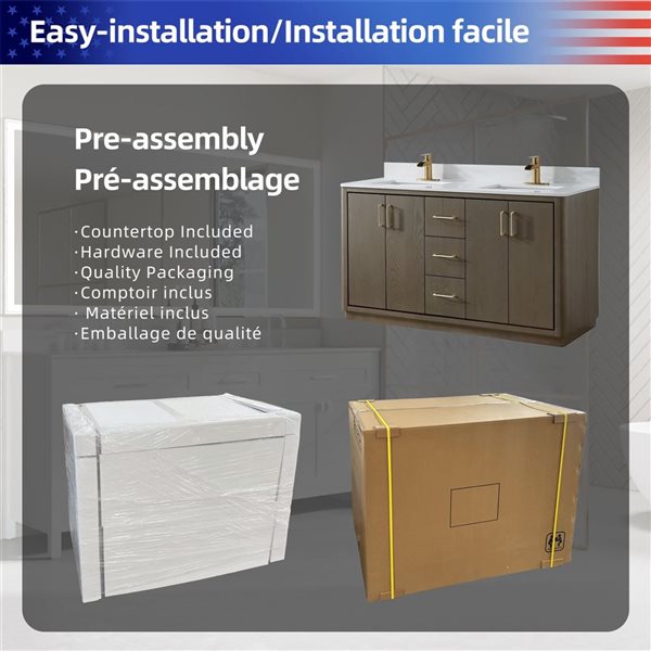 RAINLEX 60-in Freestanding Double White Rectangle Sink Bathroom Vanity with Quartz Top -Grey