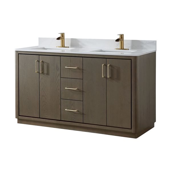 RAINLEX 60-in Freestanding Double White Rectangle Sink Bathroom Vanity with Quartz Top -Grey