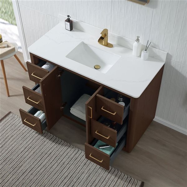 RAINLEX 48-in Freestanding Single White Rectangle Sink Bathroom Vanity with Quartz Top - Brown