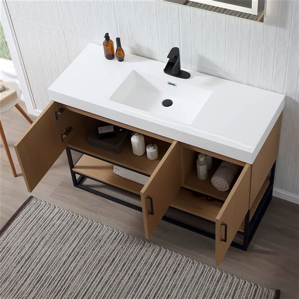 RAINLEX 48-in Freestanding Single White Rectangle Sink Bathroom Vanity with Quartz Top - Oak