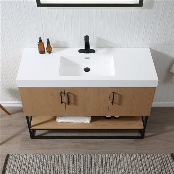 RAINLEX 48-in Freestanding Single White Rectangle Sink Bathroom Vanity with Quartz Top - Oak