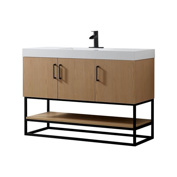 RAINLEX 48-in Freestanding Single White Rectangle Sink Bathroom Vanity with Quartz Top - Oak