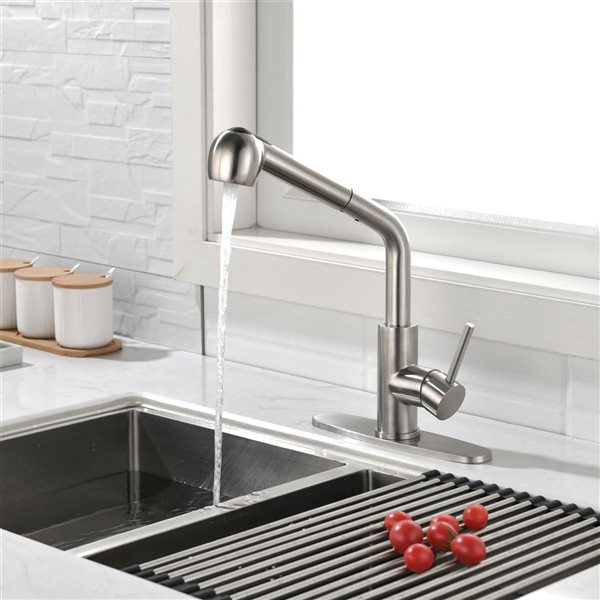 Mondawe Modern Pull-Out Swivel 1-Handle Kitchen Faucet - Brushed Nickel