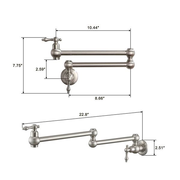 Mondawe Modern Wall-Mount Pot Filler Swivel 2-Handle Kitchen Faucet - Brushed Nickel
