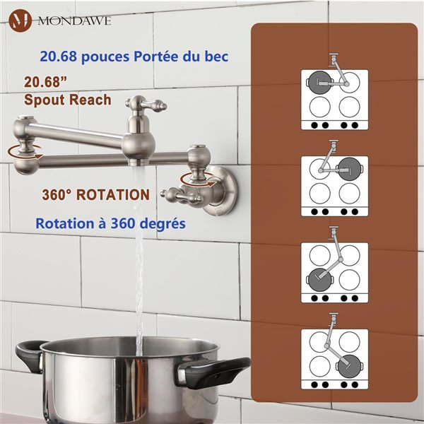 Mondawe Modern Wall-Mount Pot Filler Swivel 2-Handle Kitchen Faucet - Brushed Nickel