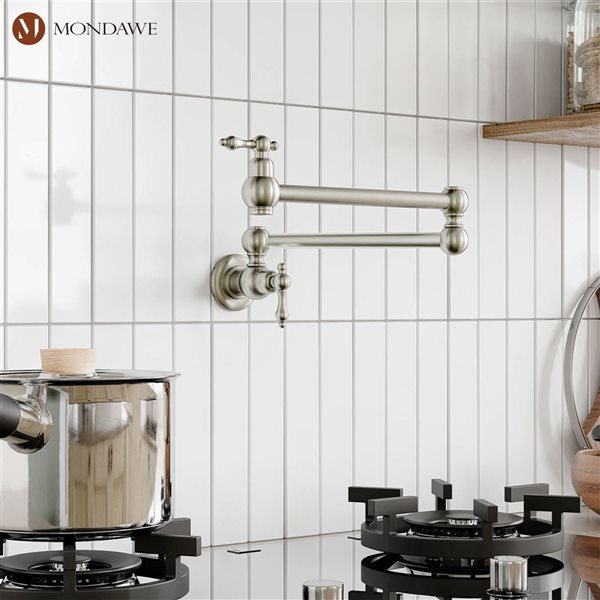 Mondawe Modern Wall-Mount Pot Filler Swivel 2-Handle Kitchen Faucet - Brushed Nickel