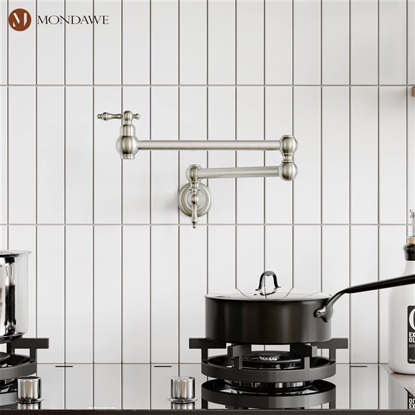 Mondawe Modern Wall-Mount Pot Filler Swivel 2-Handle Kitchen Faucet - Brushed Nickel