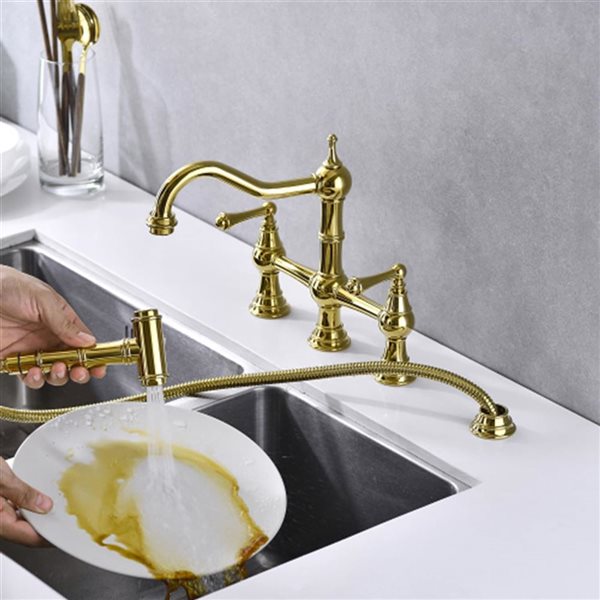 Mondawe Modern Bridge Swivel 2-Handle Kitchen Faucet with Sprayer - Brushed Gold