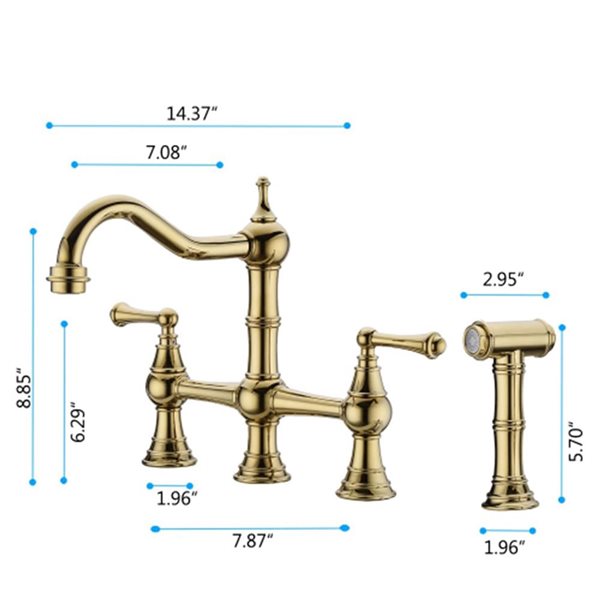 Mondawe Modern Bridge Swivel 2-Handle Kitchen Faucet with Sprayer - Brushed Gold