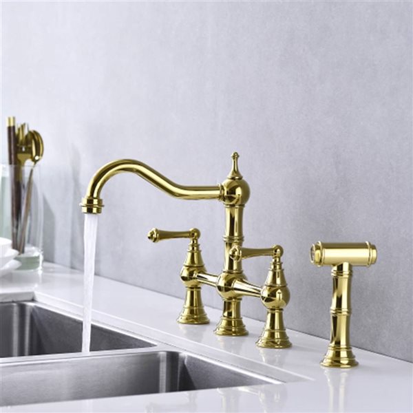 Mondawe Modern Bridge Swivel 2-Handle Kitchen Faucet with Sprayer - Brushed Gold