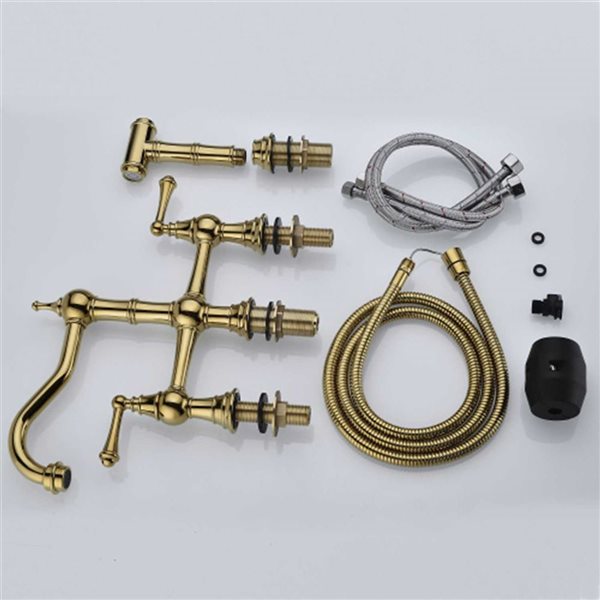 Mondawe Modern Bridge Swivel 2-Handle Kitchen Faucet with Sprayer - Brushed Gold