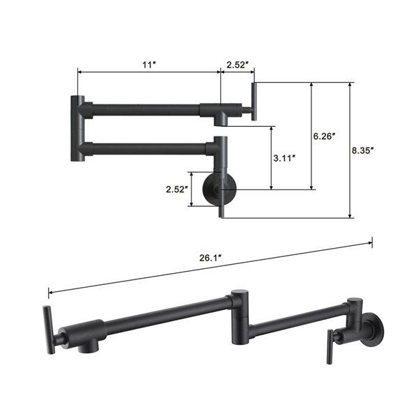 Mondawe Modern Wall-Mount Pot Filler Swivel 2-Handle Kitchen Faucet - Matte Black