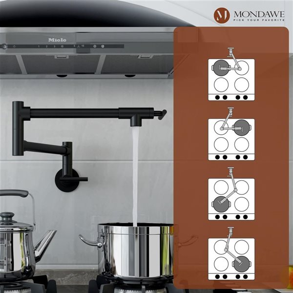 Mondawe Modern Wall-Mount Pot Filler Swivel 2-Handle Kitchen Faucet - Matte Black