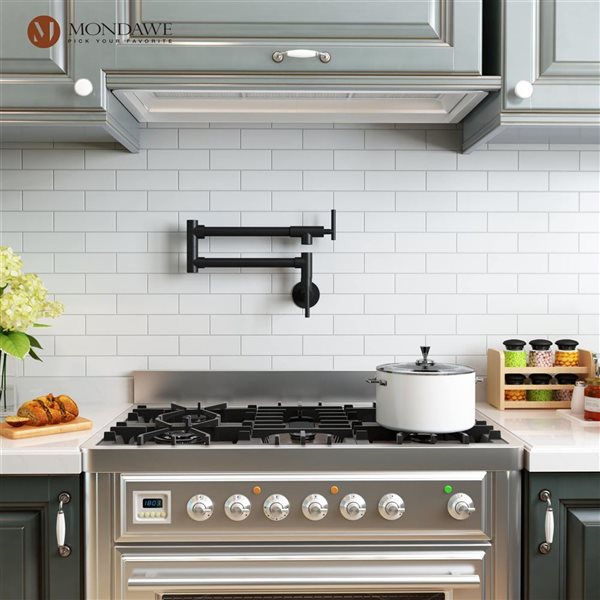 Mondawe Modern Wall-Mount Pot Filler Swivel 2-Handle Kitchen Faucet - Matte Black