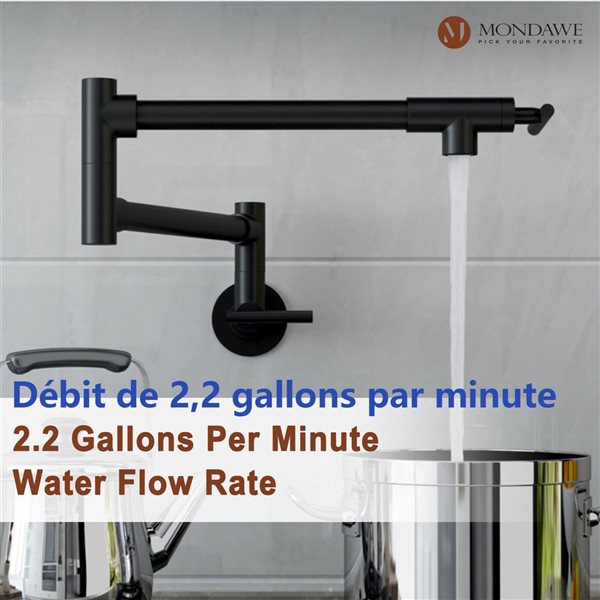 Mondawe Modern Wall-Mount Pot Filler Swivel 2-Handle Kitchen Faucet - Matte Black