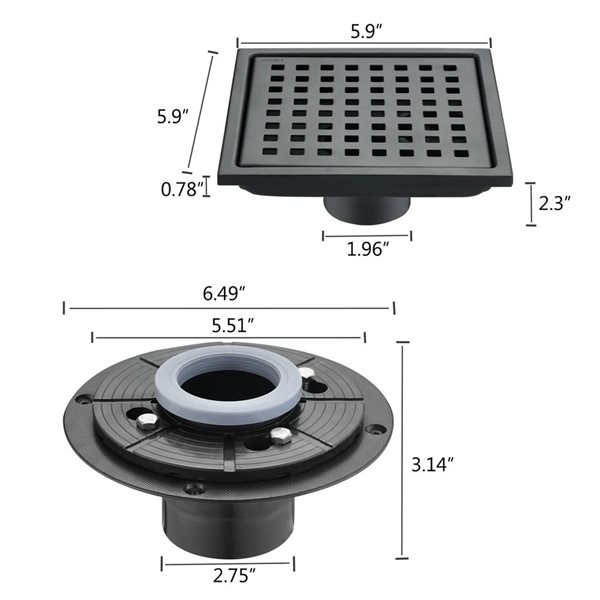 Mondawe 6-in Square Shower Floor Drain - Matte Black