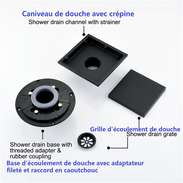 Mondawe 6-in Square Shower Floor Drain - Matte Black