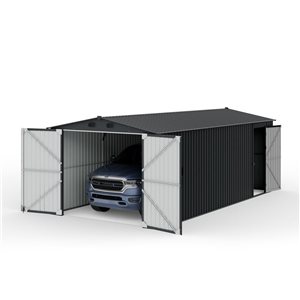 Abri d'auto/remise de jardin 10 x 20 pi par Sunjoy en acier gris foncé avec portes verrouillables