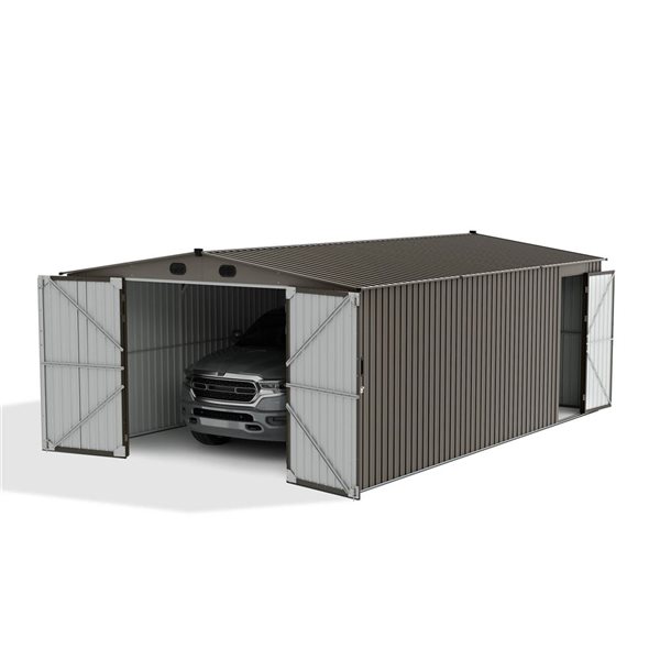 Sunjoy 13 x 20-ft Steel Storage Shed/Carport w/ Lockable Doors - Light Grey-Taupe