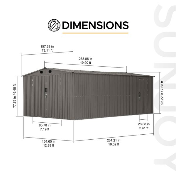 Sunjoy 13 x 20-ft Steel Storage Shed/Carport w/ Lockable Doors - Light Grey-Taupe