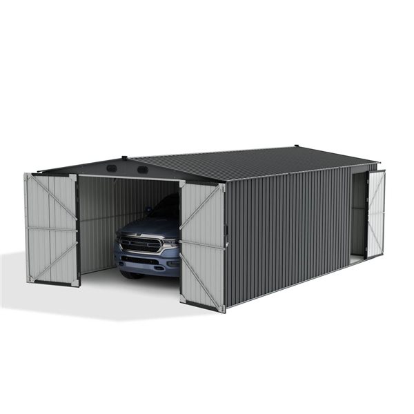 Sunjoy 13 x 20-ft Steel Storage Shed/Carport w/ Lockable Doors - Dark Grey