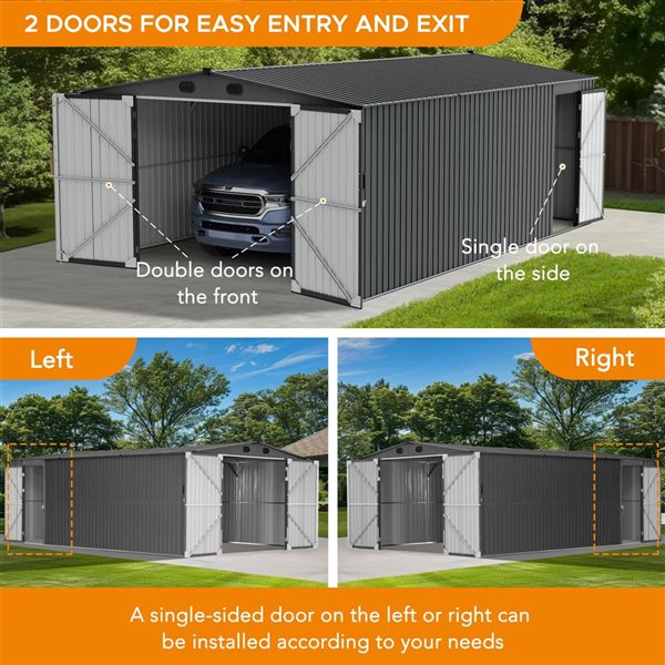 Sunjoy 13 x 20-ft Steel Storage Shed/Carport w/ Lockable Doors - Dark Grey