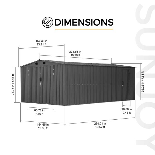 Sunjoy 13 x 20-ft Steel Storage Shed/Carport w/ Lockable Doors - Dark Grey