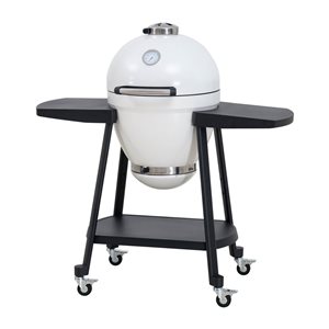 Sunjoy 20-in Egg-Shaped Kamado-Style BBQ Grill and Smoker w/ Removable Grate and Pizza Stone - White