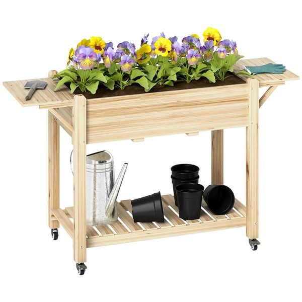 Outsunny Raised Wooden Flower Bed w/ Side Work Shelves and Lower Storage Shelf - Natural