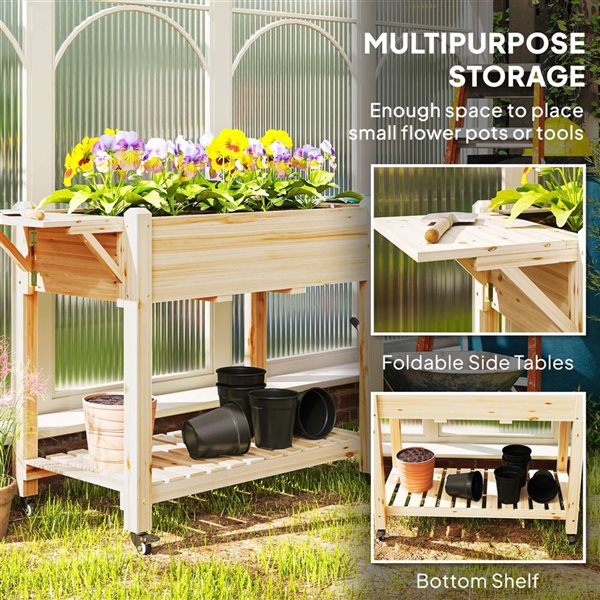 Outsunny Raised Wooden Flower Bed w/ Side Work Shelves and Lower Storage Shelf - Natural
