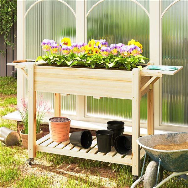 Outsunny Raised Wooden Flower Bed w/ Side Work Shelves and Lower Storage Shelf - Natural