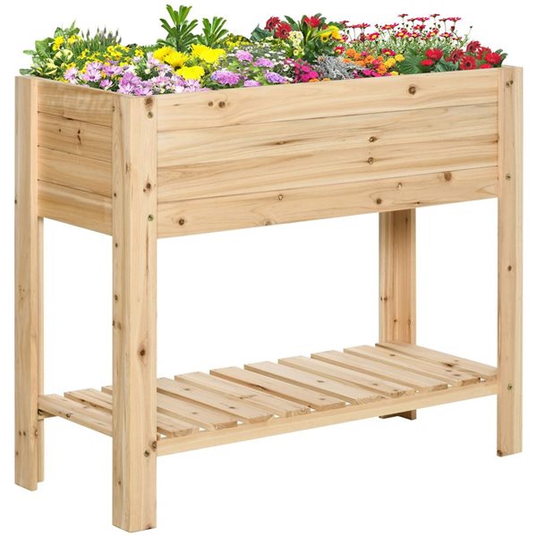 Outsunny Raised Garden Bed w/ Storage Shelf and Bed Liner - Natural Wood