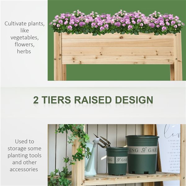 Outsunny Raised Garden Bed w/ Storage Shelf and Bed Liner - Natural Wood