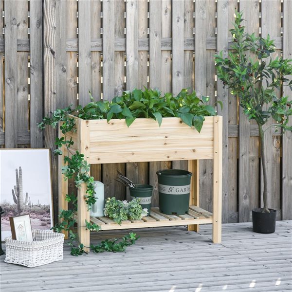 Outsunny Raised Garden Bed w/ Storage Shelf and Bed Liner - Natural Wood