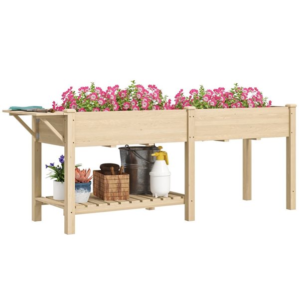 Outsunny Raised Flower Bed w/ Side Work Shelf and Lower Storage Shelf - Natural