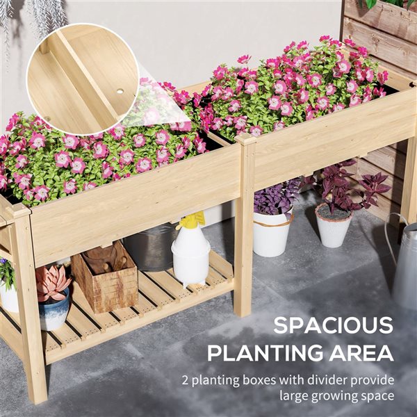 Outsunny Raised Flower Bed w/ Side Work Shelf and Lower Storage Shelf - Natural